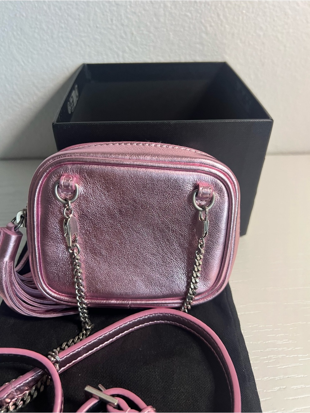 Saint Laurent Metallic Pink Quilted Lou Camera Bag with Tassel - Picture 15 of 16